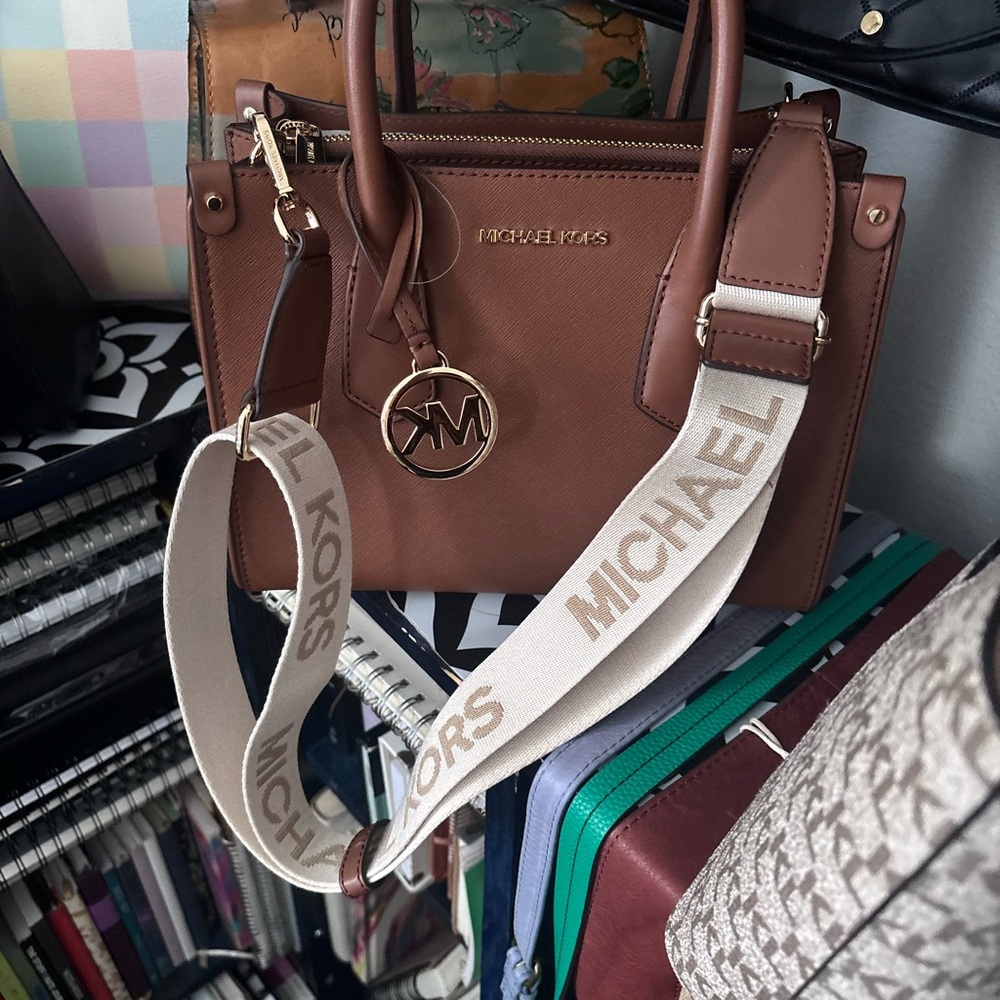 Michael Kors Leather Satchel in Brown with Logo Charm